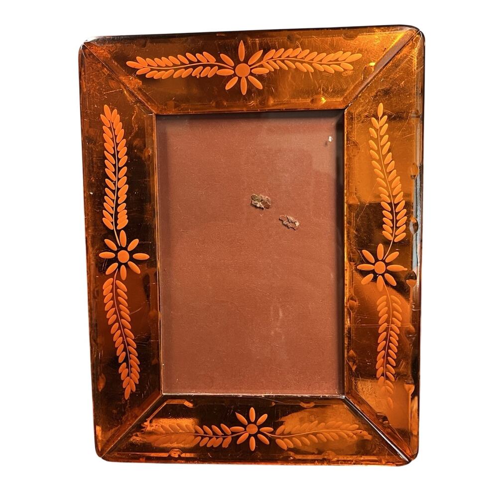 Vintage Orange Art Deco Floral Etched Glass Picture Frame Fits 5”x7”